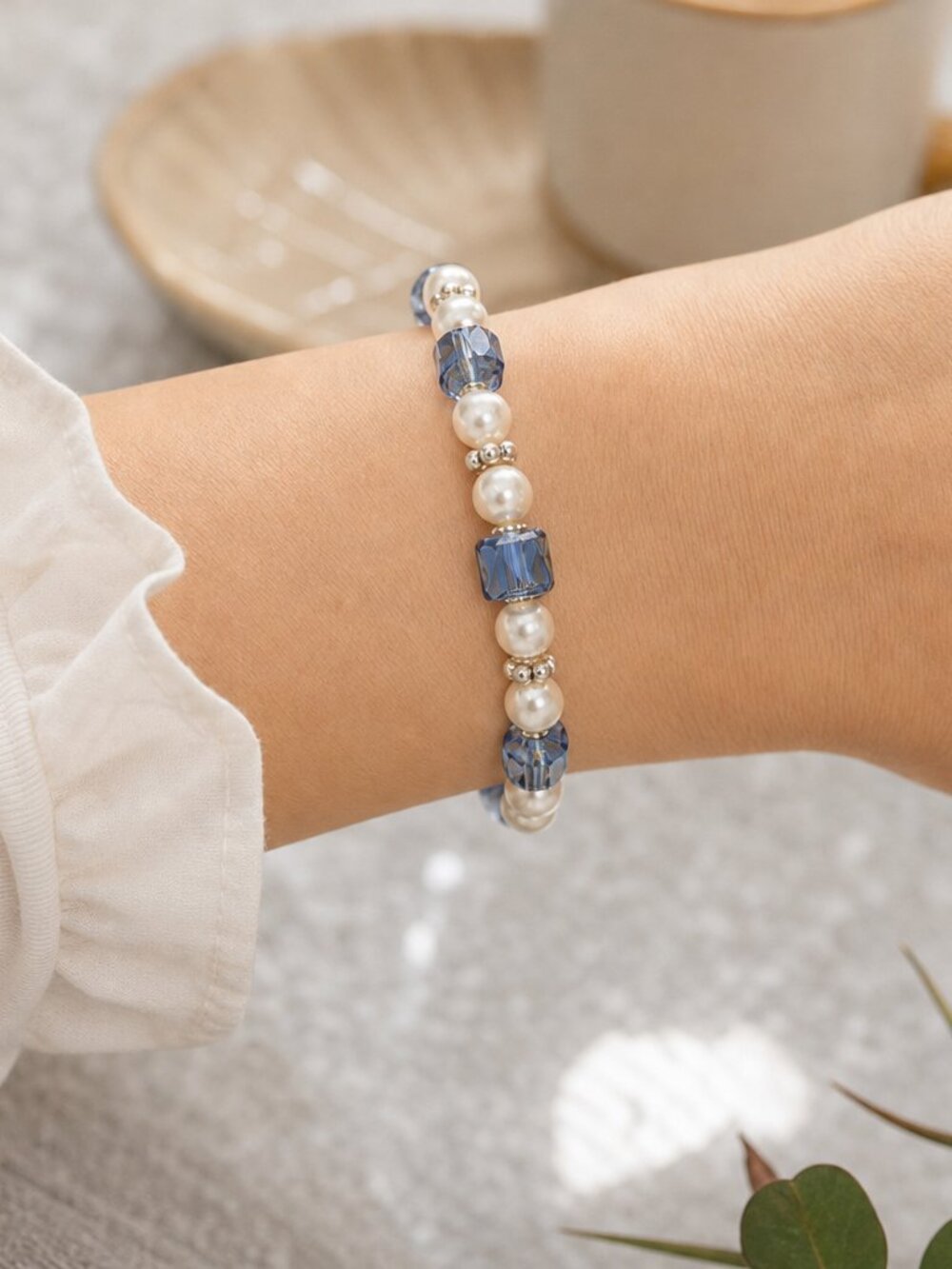 Handmade Blue Glass & White Pearl Beaded Bracelet